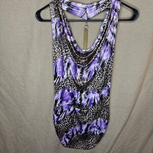 Y2K Purple Leopard Animal Print Cowl Neck Dress Gold Chain Back Club Party